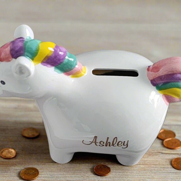 Custom Rainbow Unicorn Bank "Ashley" in Gold- White Ceramic Piggy Bank with Name - Picture 2 of 9